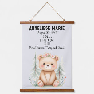 Personalisiertes Baby Bear Birth Stats Girls' Kind Wandteppich Mit Holzrahmen