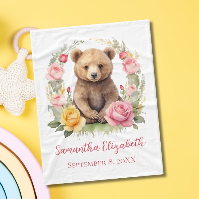 Personalisiertes Baby Bear Pink Yellow Roses Baby Fleecedecke (Personalized Birth name and date, Baby Bear with Pink Yellow Flowers Roses Baby Blanket)