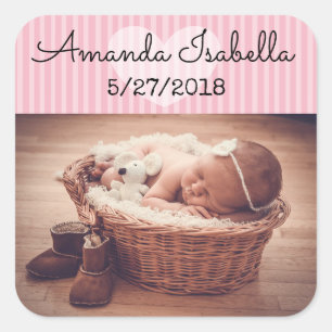 Personalisiertes Baby-Foto-Aufkleber Rosa Herzstre Quadratischer Aufkleber