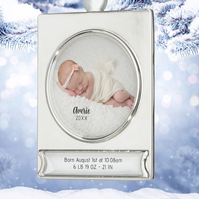 Personalisiertes Baby Foto Geburtsstunde Weihnacht Banner-Ornament Silber (Personalized Baby Photo Birth Stats Christmas Silver Plated Banner Ornament
)