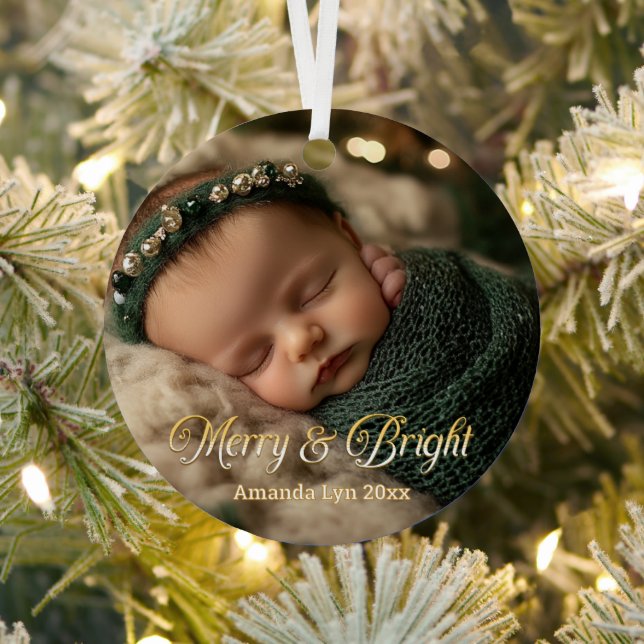 Personalisiertes Baby Foto Merry & Bright Ornament Aus Metall (InSitu)