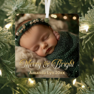 Personalisiertes Baby Foto Merry & Bright Ornament Aus Metall