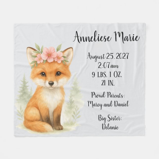 Personalisiertes Baby Fox Birth Stats Girls' Kinde Fleecedecke (Vorderseite (Horizontal))