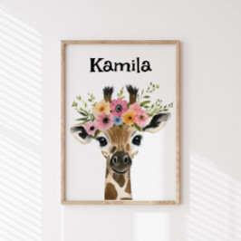 Personalisiertes Baby Giraffe mit Blumenkranz Poster