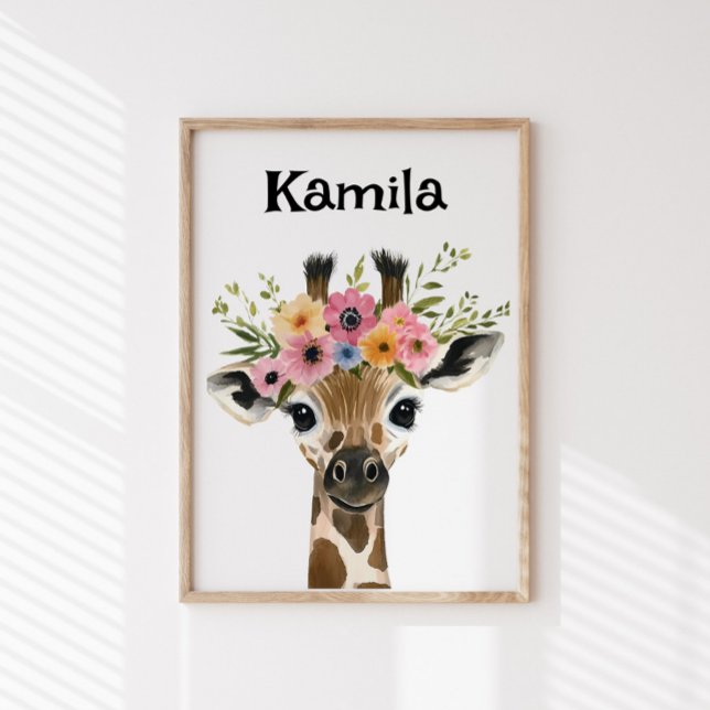 Personalisiertes Baby Giraffe mit Blumenkranz Poster (Von Creator hochgeladen)