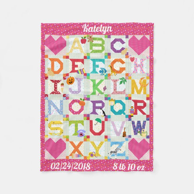 Personalisiertes Baby Girl Alphabet Quilt Design Fleecedecke (Vorderseite)
