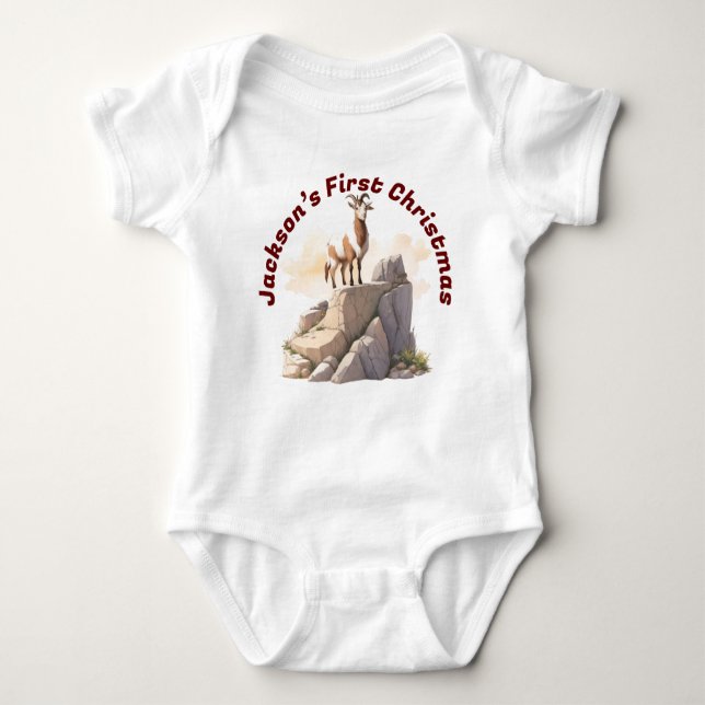 Personalisiertes Baby Goat's First Christmas, Wood Baby Strampler (Vorderseite)