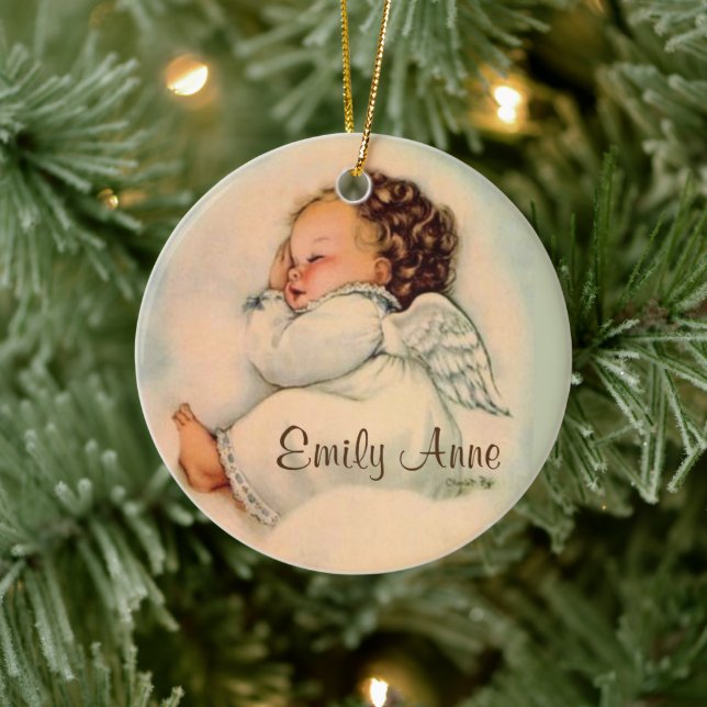 Personalisiertes Baby-Mädchen-Engels-Schlafen Keramik Ornament (Baum)