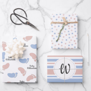 Personalisiertes Baby Shower Gender Reveal Monogra Geschenkpapier Set