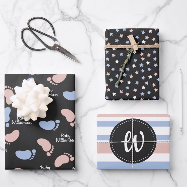 Personalisiertes Baby Shower Gender Reveal Monogra Geschenkpapier Set (Vorderseite)
