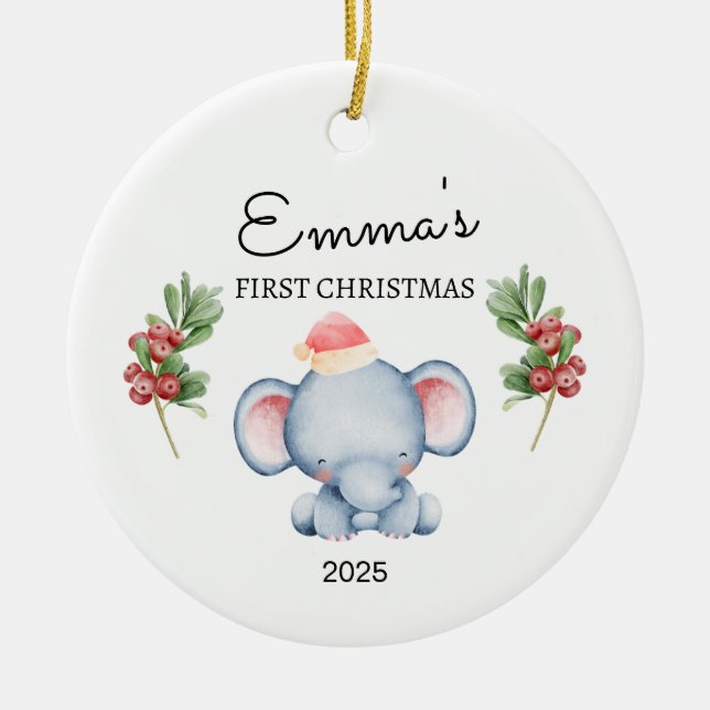 Personalisiertes Baby's First Christmas, Elefanten Keramik Ornament (Vorne)