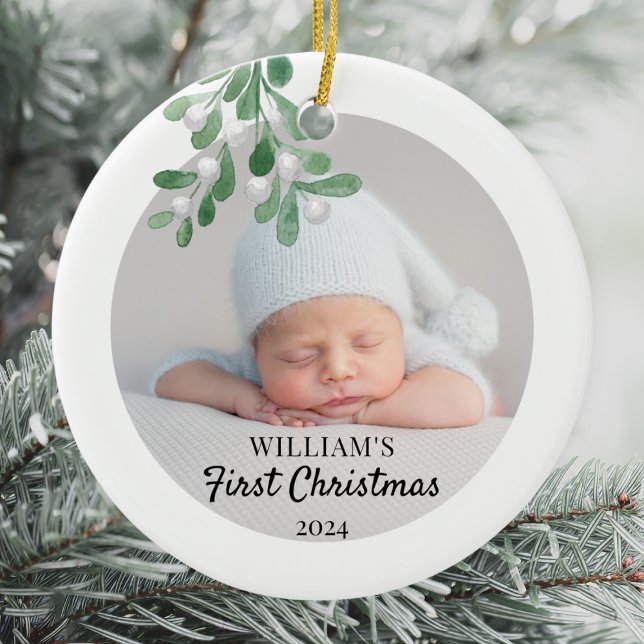 Personalisiertes Baby's First Christmas Foliage Fo Keramik Ornament (Von Creator hochgeladen)