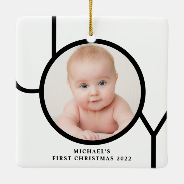 Personalisiertes Baby's First Christmas Foto Keramikornament (Rückseite)