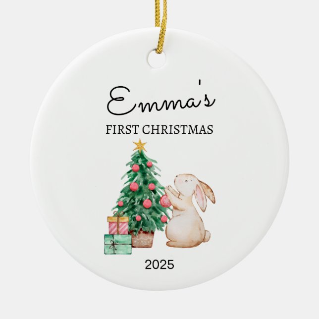 Personalisiertes Baby's First Christmas, Kaninchen Keramik Ornament (Vorne)
