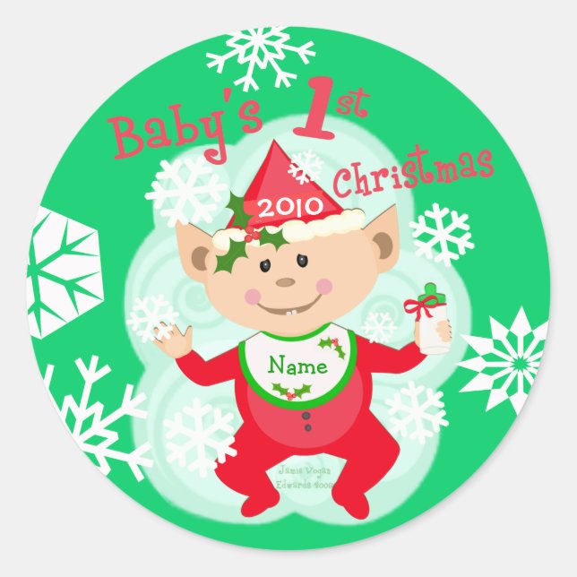 Personalisiertes Baby's First Christmas Runder Aufkleber (Vorderseite)