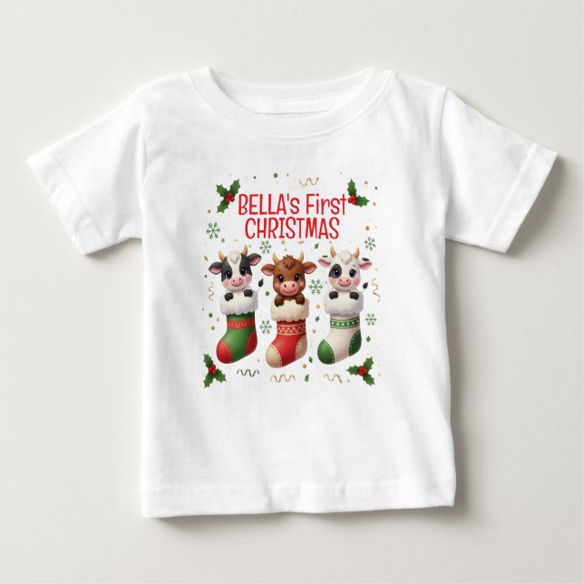 Personalisiertes Baby's First Cow Weihnachts-Shirt Baby T-shirt (Vorderseite)