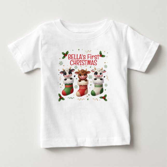 Personalisiertes "Baby's First Cow" Weihnachts-T-S Baby T-shirt (Vorderseite)