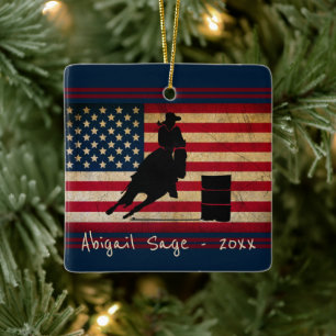 Personalisiertes Barrel Racing American Flag Pferd Keramikornament
