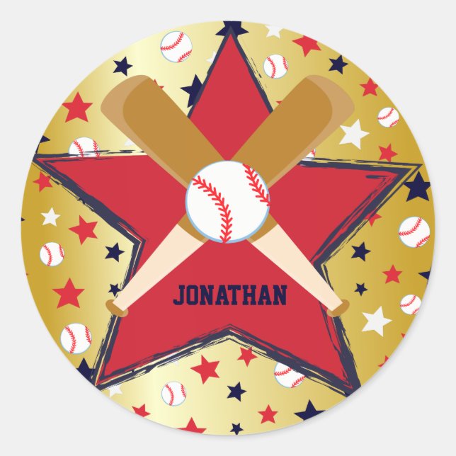 Personalisiertes Baseball-Ball und Stars-Gold Runder Aufkleber (Vorderseite)