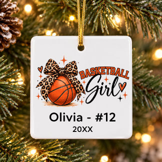 Personalisiertes Basketball-Mädchen Leopard-Bogen Keramikornament