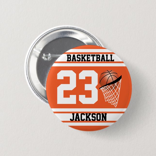 Personalisiertes Basketball Orange und Weiß Button (Vorne & Hinten)