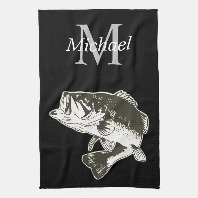 Personalisiertes Bass Fishing Monogramm im Freien  Geschirrtuch (Vertikal)