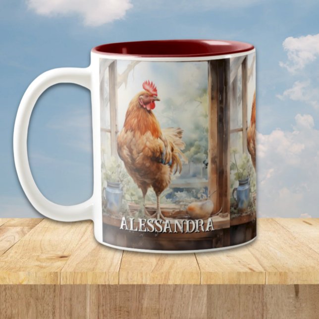 Personalisiertes Bauernhähnchen auf Fensterbank Zweifarbige Tasse (Rustic Farm Chicken standing by a window Personalized Mug, farmhouse country kitchen)