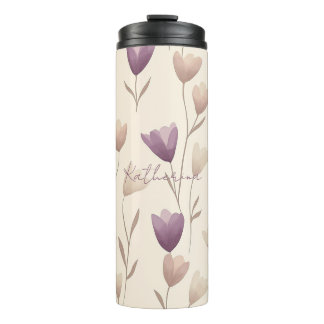 Personalisiertes Beige und Lila Blumenmuster  Thermosbecher
