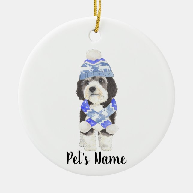 Personalisiertes Bernedoodle Blau & Weiß Keramik Ornament (Vorne)