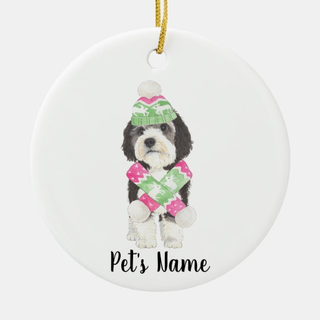 Personalisiertes Bernedoodle Rosa und grüne Weihna Keramik Ornament (Vorne)