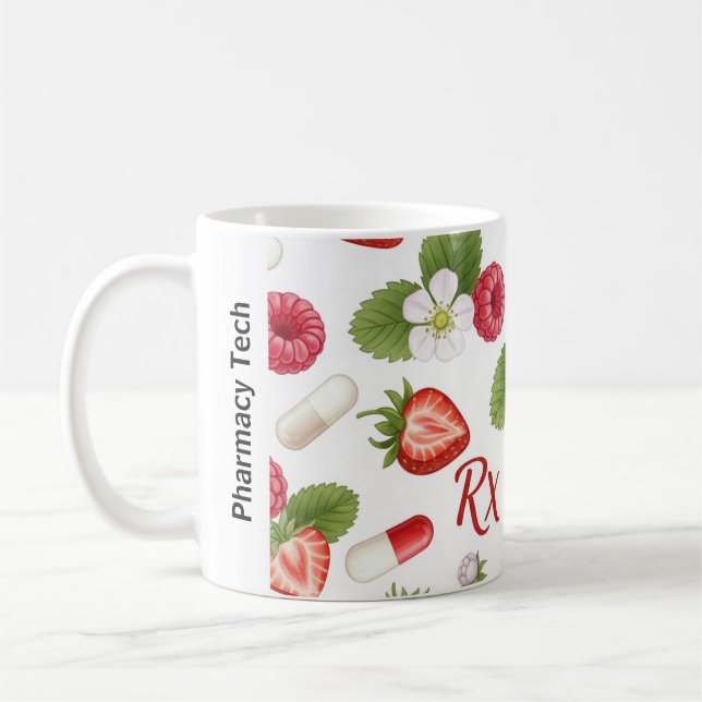 Personalisiertes Berry, Blume & RX Symbol Pharmacy Kaffeetasse (Links)