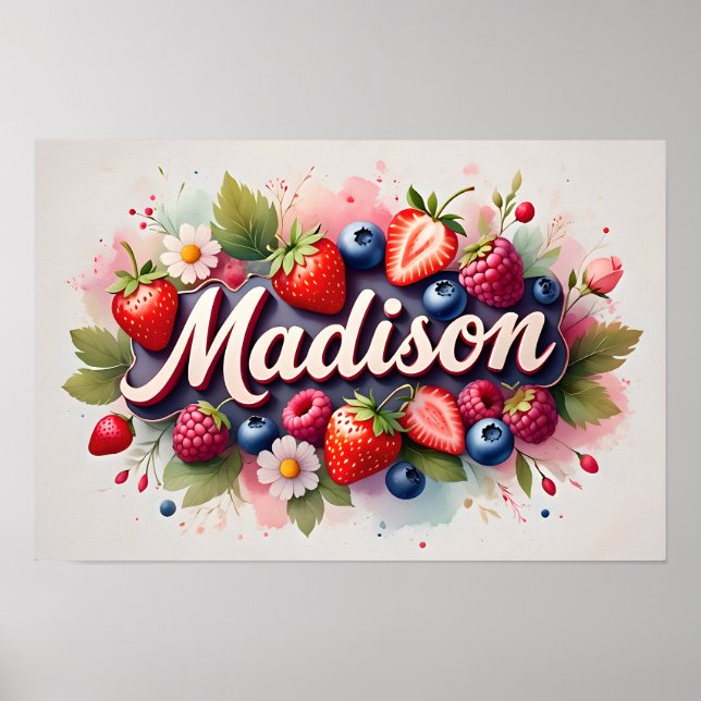 Personalisiertes Berry Floral Name Poster "Madison (Vorne)