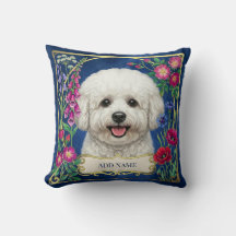 Personalisiertes Bichon Frise Blaues Blumenkissen