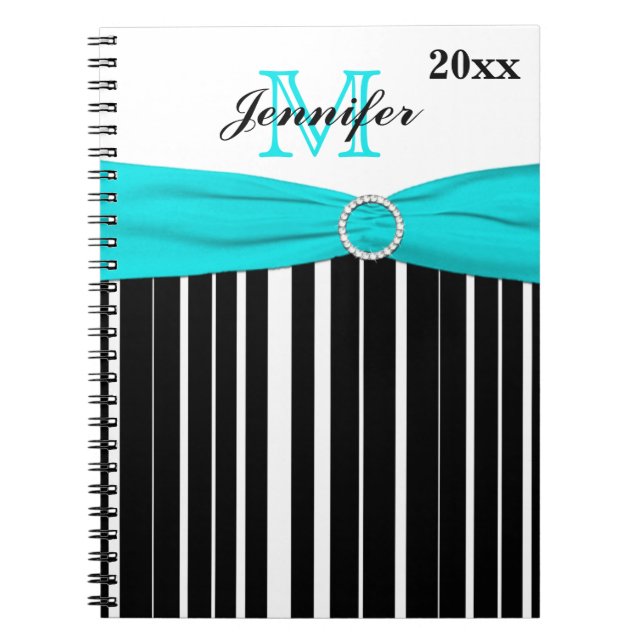 Personalisiertes Black Aqua White Strip Notebook Notizblock (Vorderseite)