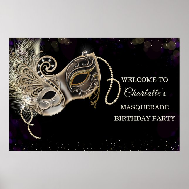 Personalisiertes Black Gold Lila Masquerade Party Poster (Vorne)
