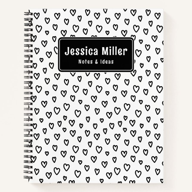 Personalisiertes Black & White Doodle Heart Notebo Notizbuch (Vorderseite)