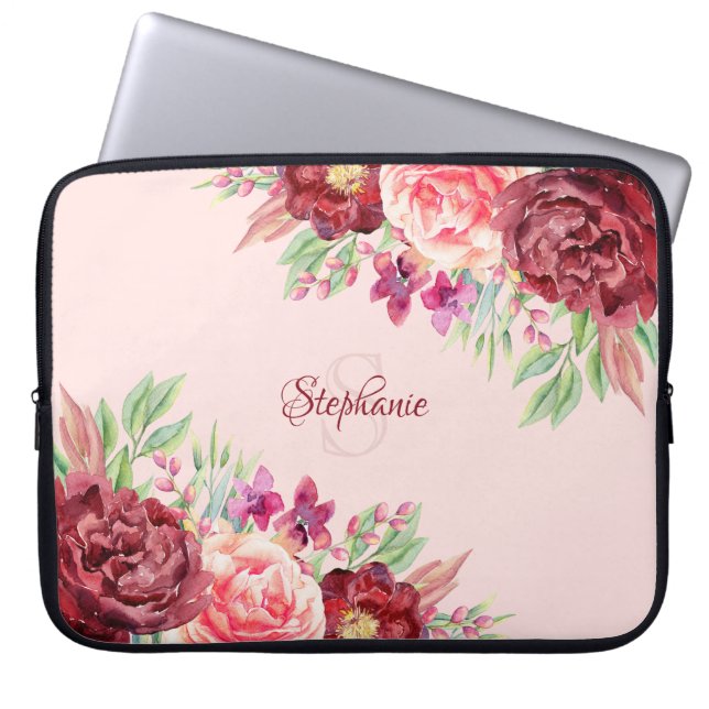 Personalisiertes Bläschen-Burgund-Blush-Monogramm Laptopschutzhülle (Vorderseite)