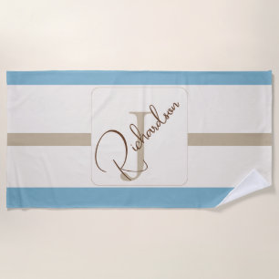 Personalisiertes blau-braun gestreiftes Monogramm Strandtuch