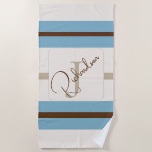 Personalisiertes blau-braunes Streifen-Monogramm K Strandtuch