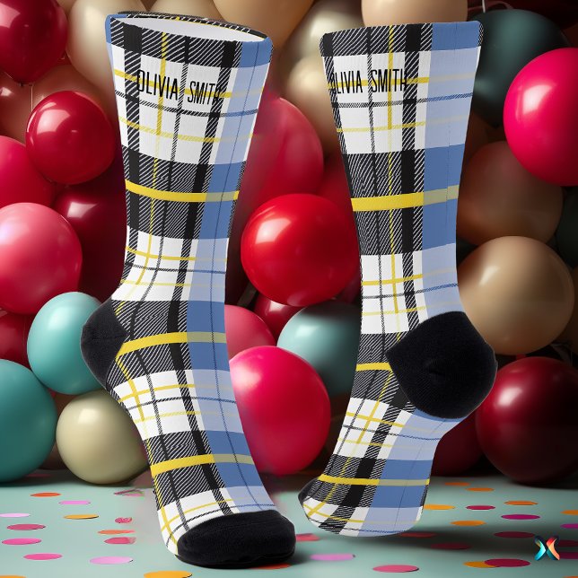 Personalisiertes Blau, Gelb und Schwarzer Tartan K Socken (Von Creator hochgeladen)