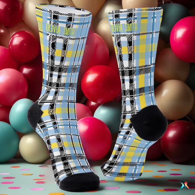 Personalisiertes Blau, Gelb und Schwarzer Tartan Socken (Von Creator hochgeladen)