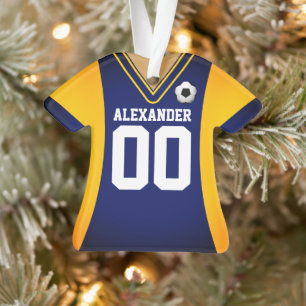 Personalisiertes blau-gelbes Fußballtrikot-Ornamen Ornament