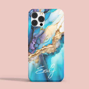 Personalisiertes Blau-Gold-Marmor-Script-Name Case-Mate iPhone Hülle