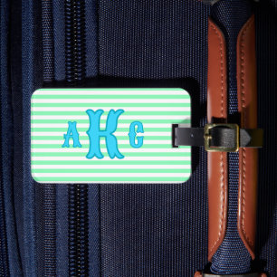 Personalisiertes Blau Grün Preppy Monogramm Gestre Gepäckanhänger
