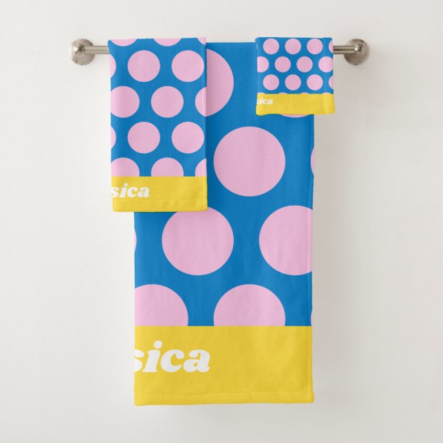 Personalisiertes Blau-Pink-Polka-Dot-Muster Badhandtuch Set (Insitu)