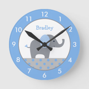 Personalisiertes Blau und Graue Elephant Kinderzim Runde Wanduhr