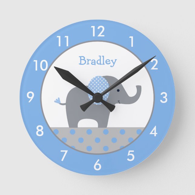Personalisiertes Blau und Graue Elephant Kinderzim Runde Wanduhr (Vorderseite)