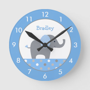 Personalisiertes Blau und Graue Elephant Kinderzim Runde Wanduhr