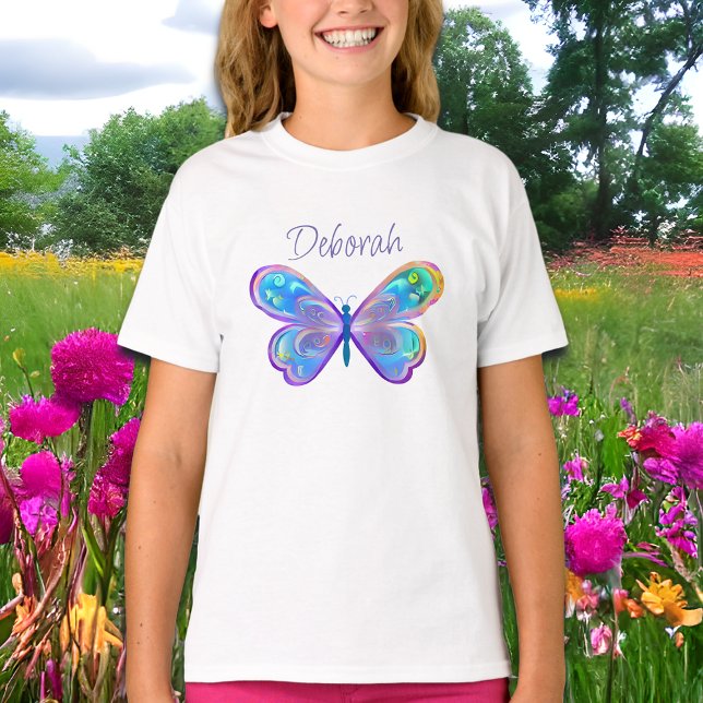 Personalisiertes Blau und Lila Schmetterling T-Shirt (Von Creator hochgeladen)