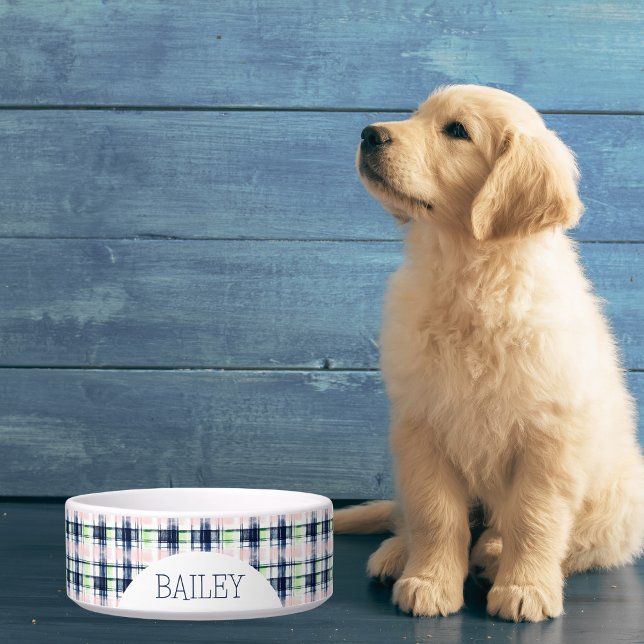 Personalisiertes Blau und Rosa Kariertes Tier Napf (Von Creator hochgeladen)